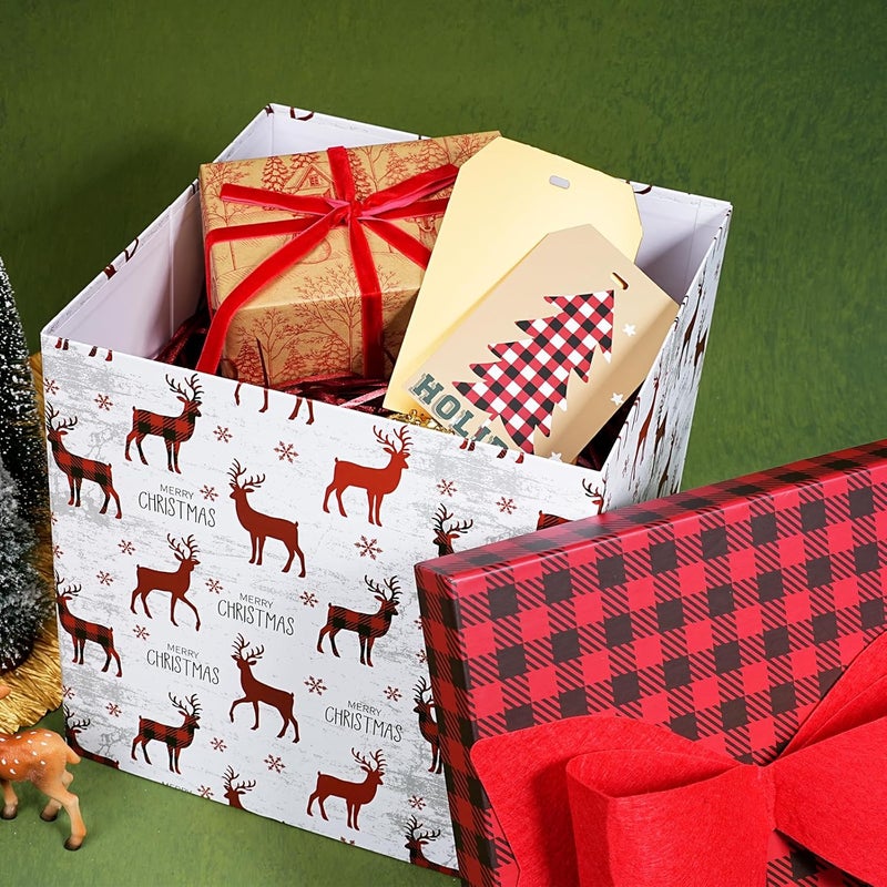 LaRibbons Large Christmas Gift Boxes with Lids,10x10x10 Inches Deer Design Folding Square Gift Boxes for Christmas Decorative,Xmas,Present,Storage,Red and White - Image 3